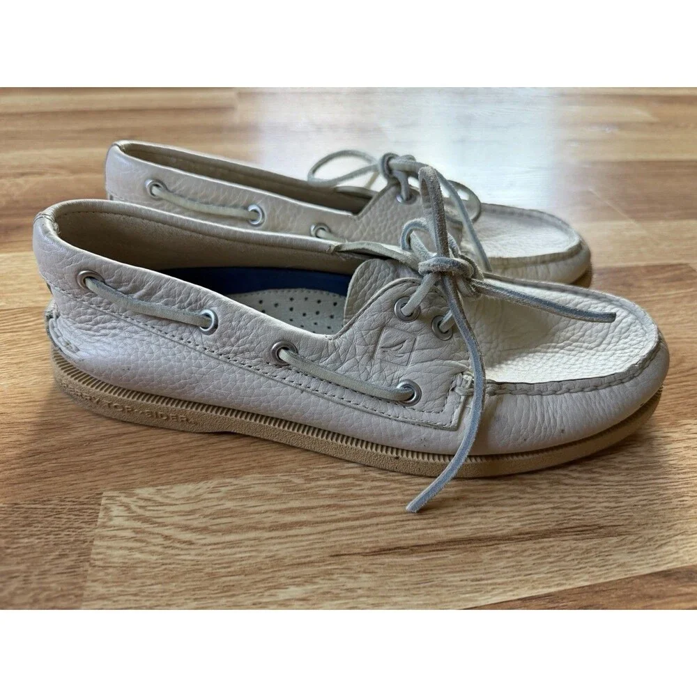 Sperry Top-Sider Men’s 7.5 M White Leather Boat Shoes Deck Loafers Moc Toe